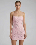 Celeste Mini Dress by Lauven in pink with rhinestone embellishments and spaghetti straps.