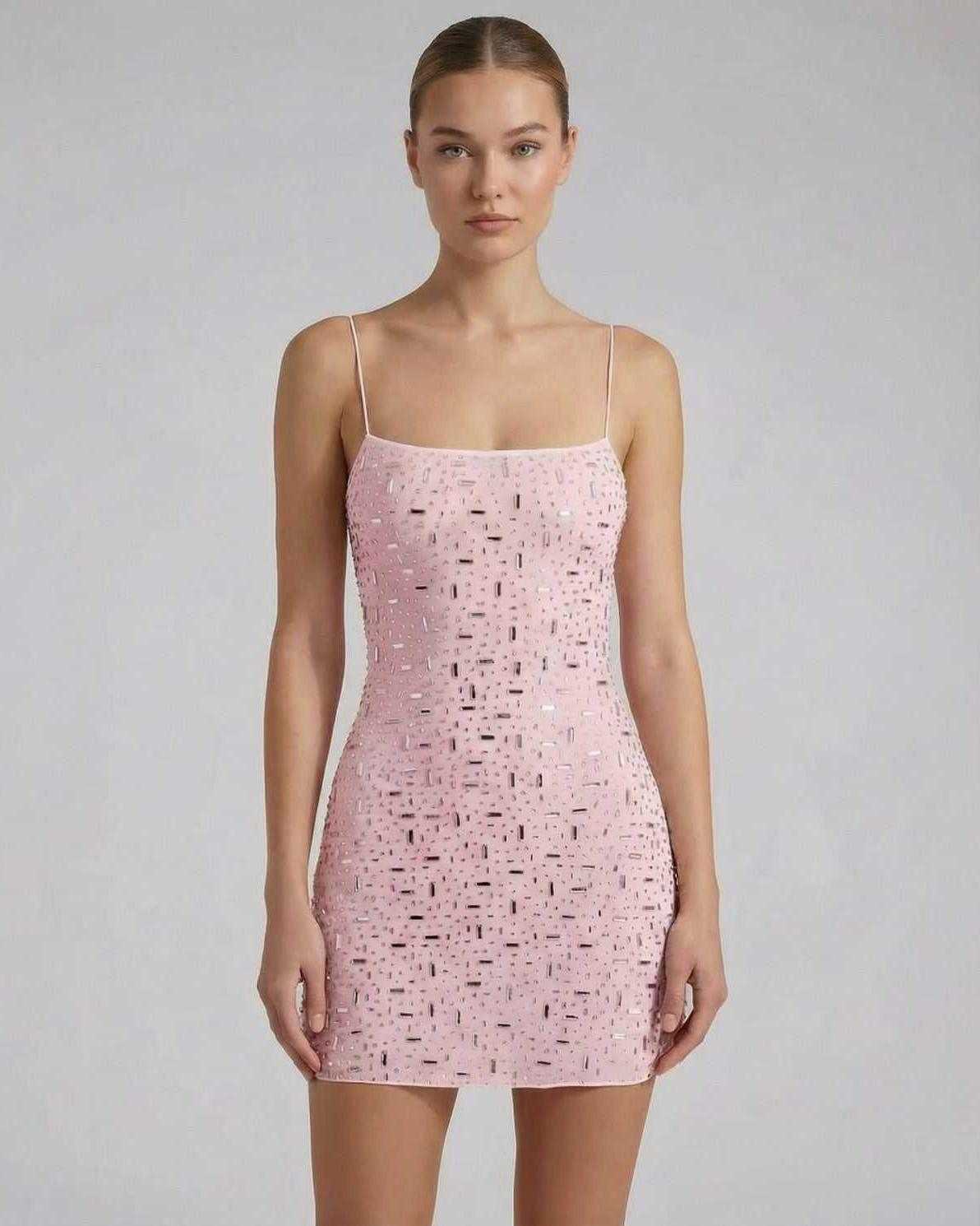 Celeste Mini Dress by Lauven in pink with rhinestone embellishments and spaghetti straps.