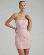 Celeste Mini Dress by Lauven in delicate pink fabric with sparkling rhinestone embellishments