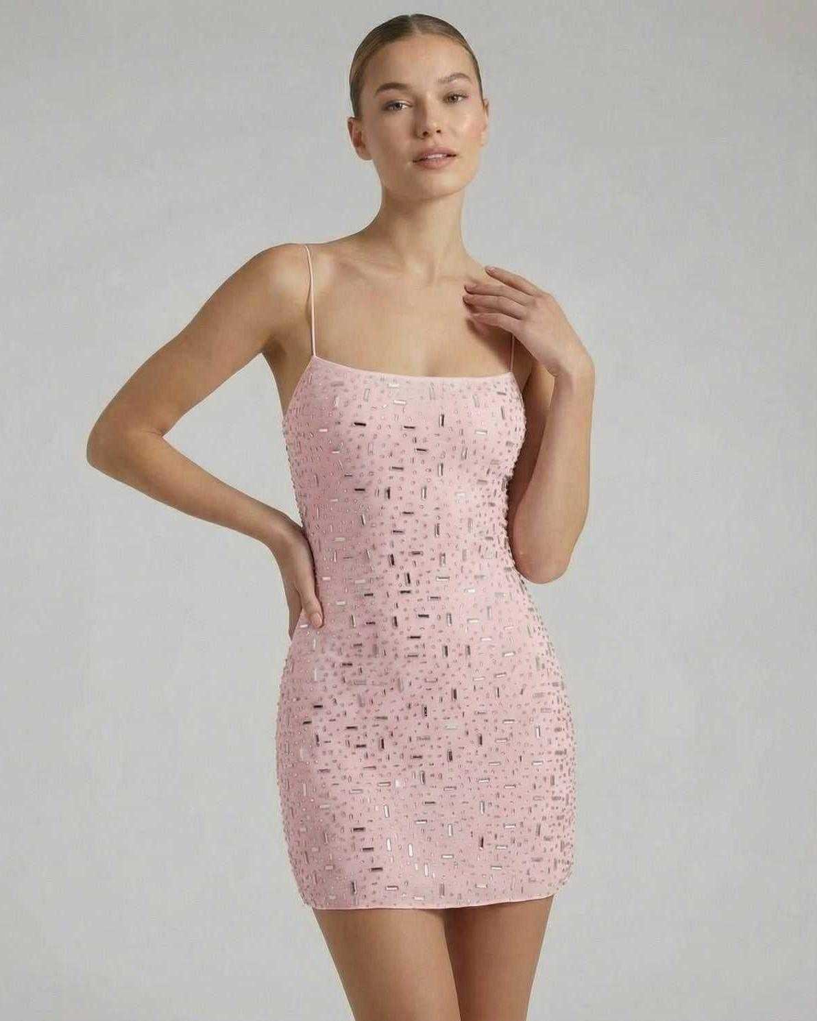 Celeste Mini Dress by Lauven in delicate pink fabric with sparkling rhinestone embellishments