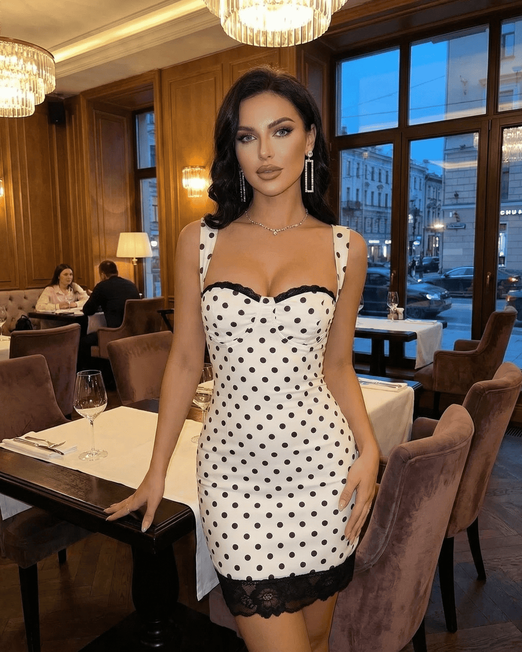 Celeste Mini Dress by Lauven - Polka dot mini dress with lace trim and high waist, showcasing a vintage-inspired look.