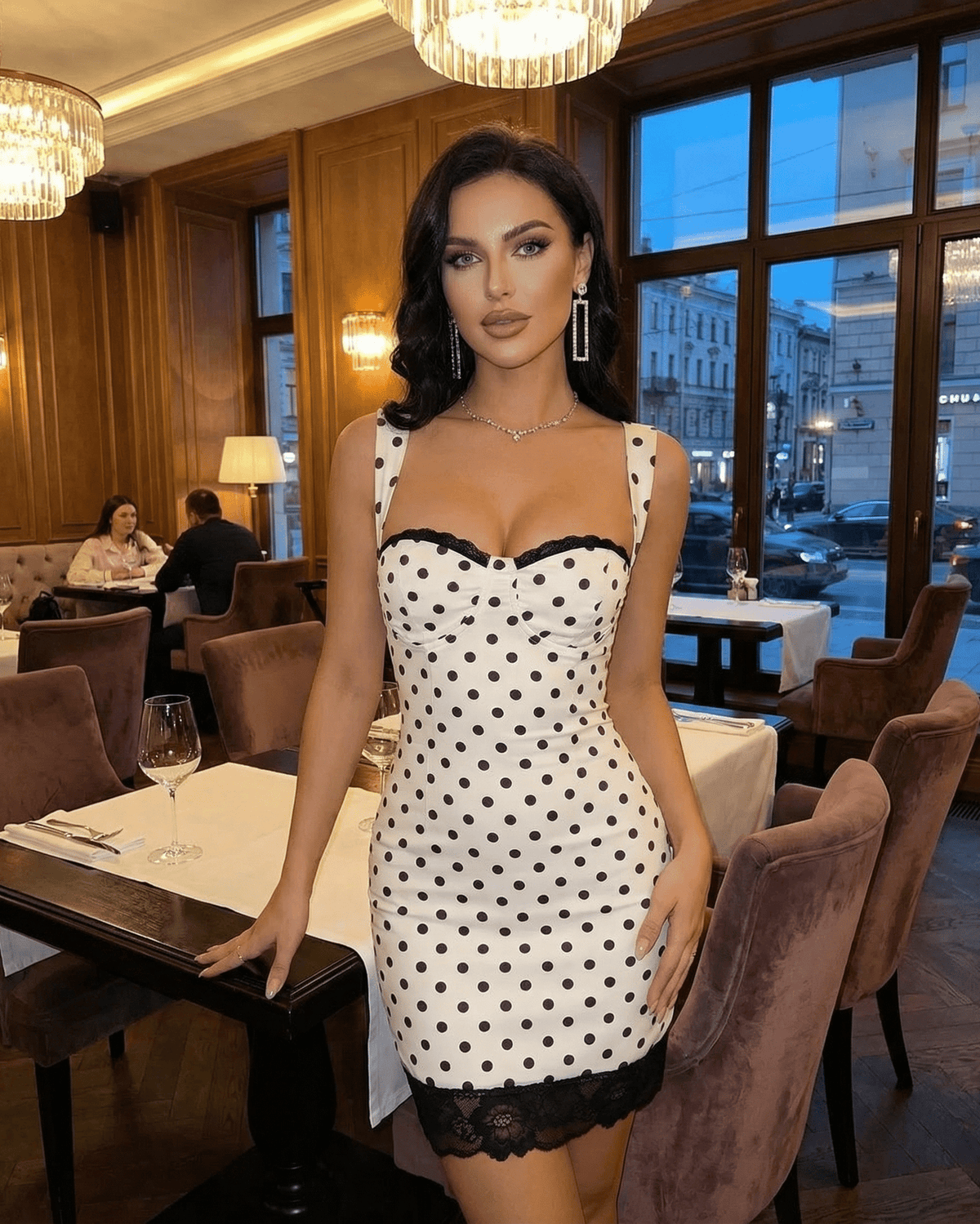 Celeste Mini Dress by Lauven - Polka dot mini dress with lace trim and high waist, showcasing a vintage-inspired look.