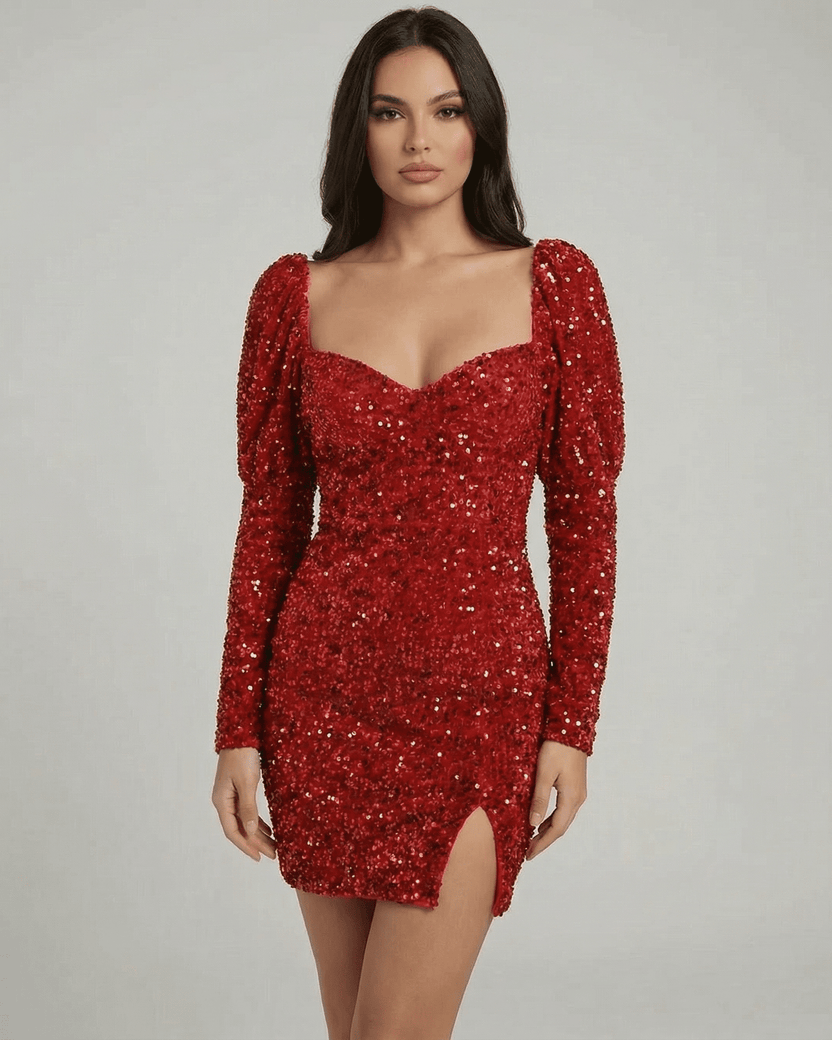 Celeste Mini Dress by Lauven - Red Sequin sheath with long sleeves, V-neckline, and slim fit.