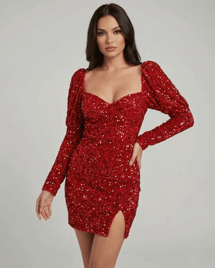 Celeste Mini Dress by Lauven featuring a dazzling red sequin finish and elegant sheath silhouette with long sleeves.