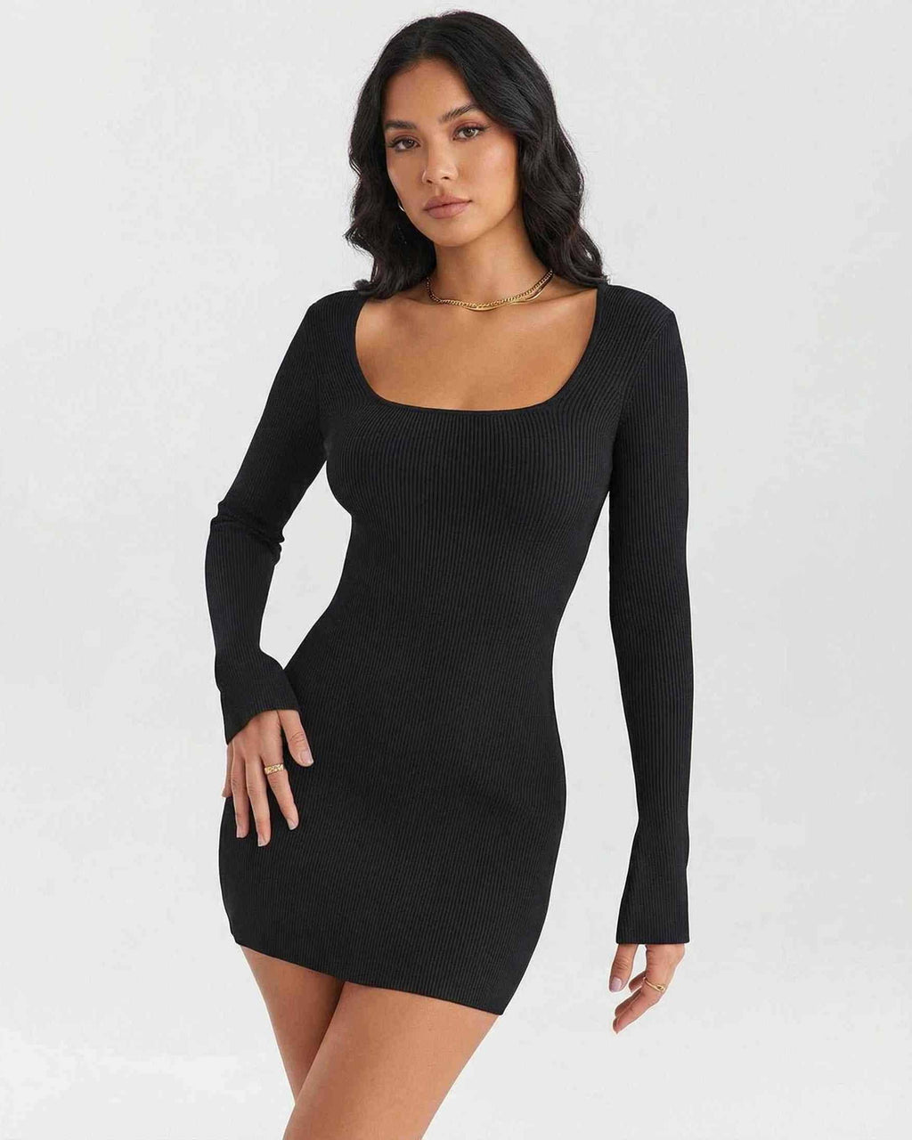 Celeste Mini Dress by Lauven featuring a ribbed long sleeve square neck design in black.