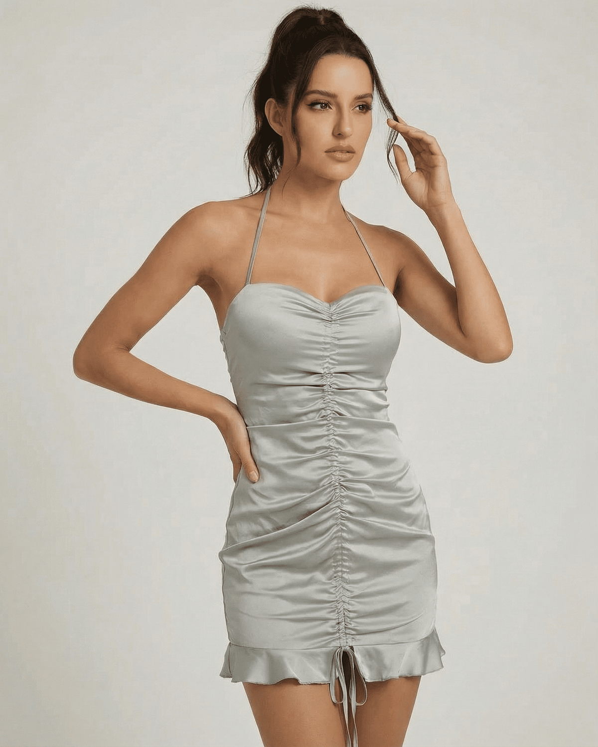 Celeste Mini Dress by Lauven - Satin-effect ruched mini dress with open back, flattering silhouette and elegant design.