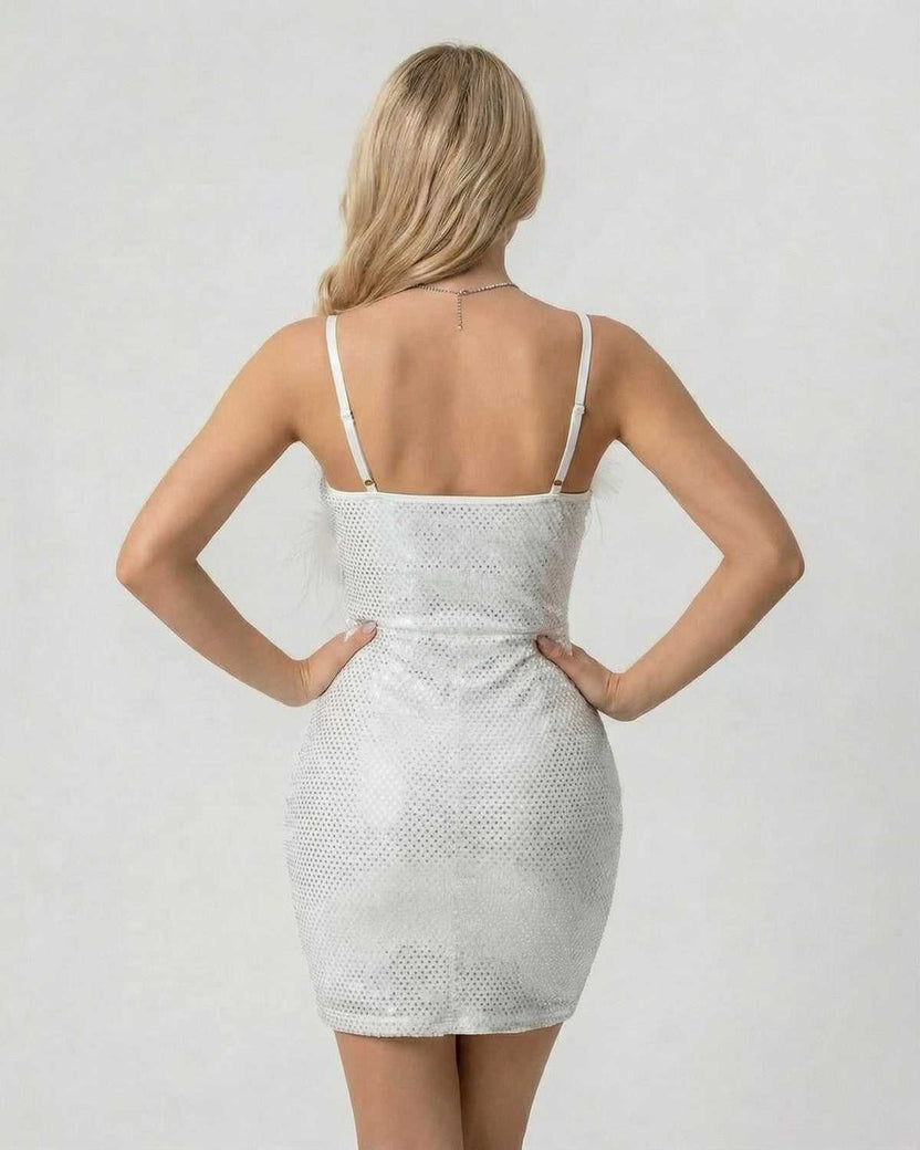 Back view of the Celeste Mini Dress by Lauven, featuring shimmering sequins and faux fur detailing.