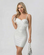 Celeste Mini Dress by Lauven - Sequin bodycon mini dress with faux fur detail, sleek high-waist silhouette.