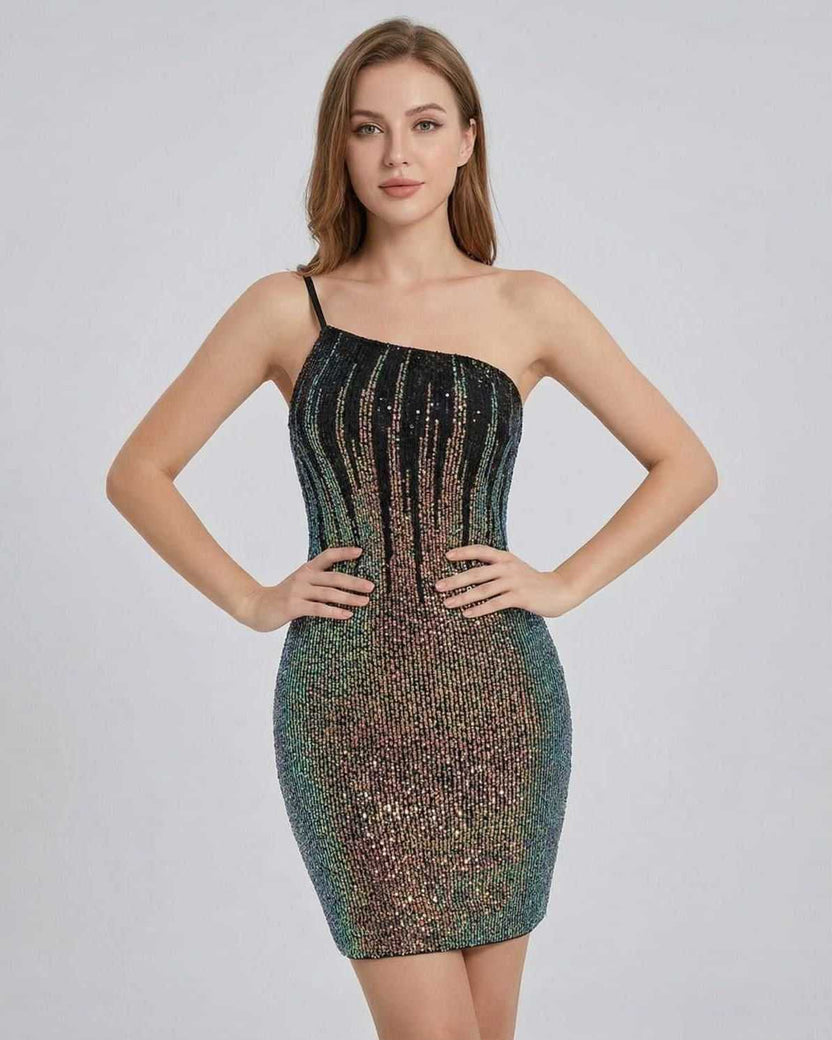 Celeste Mini Dress by Lauven - Sequin cocktail mini dress with asymmetric neckline and body-hugging fit.