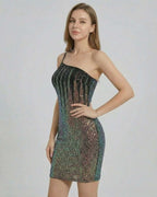 Celeste Mini Dress by Lauven – Sequin cocktail dress with asymmetric neckline and shimmering silhouette.