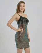 Celeste Mini Dress by Lauven - Stunning sequin cocktail mini dress with asymmetric neckline and single strap.