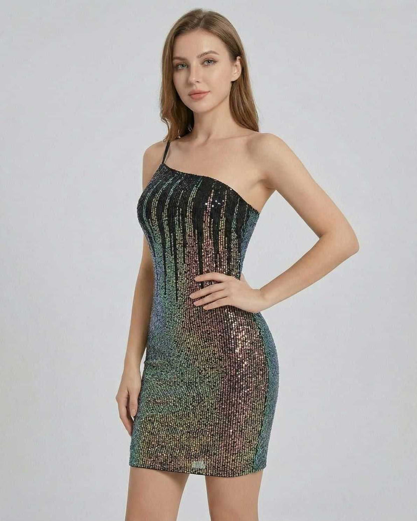 Celeste Mini Dress by Lauven, a stunning sequin cocktail mini dress featuring an asymmetric neckline and body-hugging silhouette.