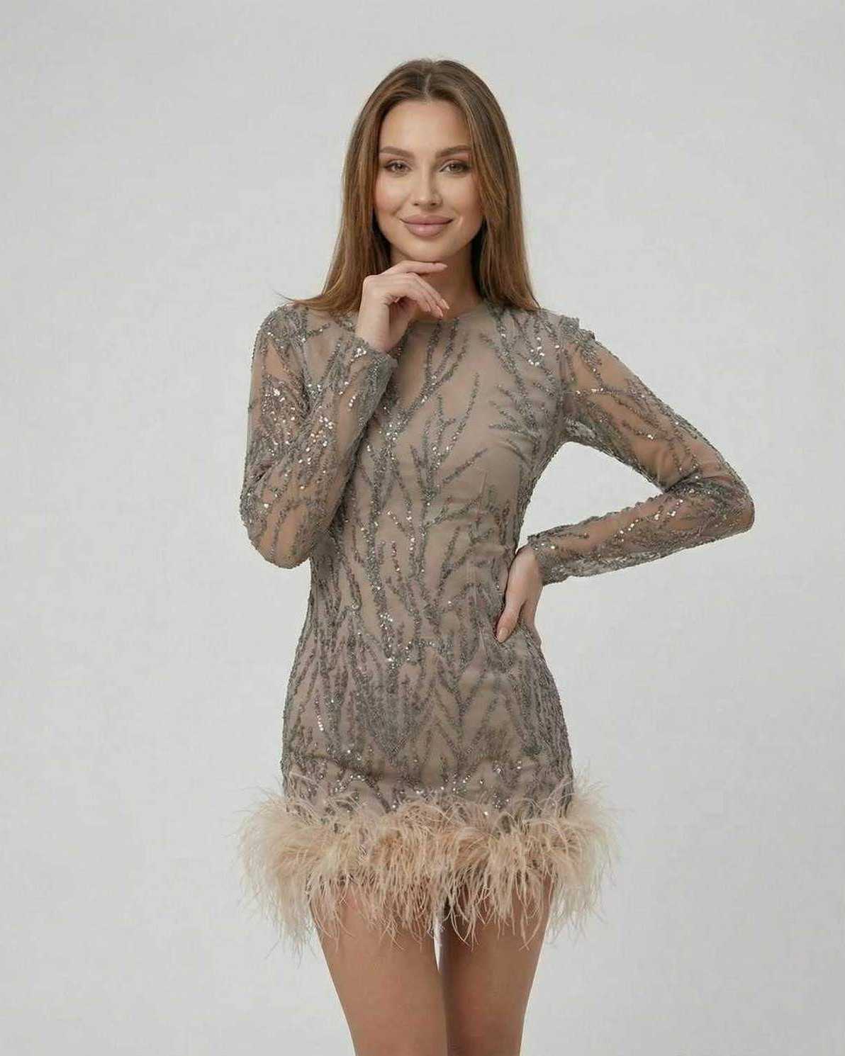 Celeste Mini Dress by Lauven featuring sequin embellishments and feather trim in taupe.
