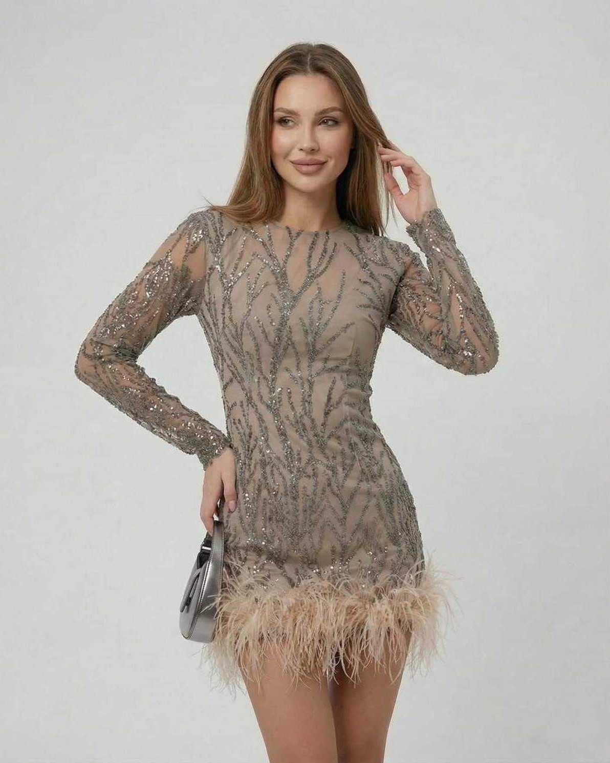 Lauven Celeste Mini Dress featuring sequin embellishments and feather trim in taupe color.