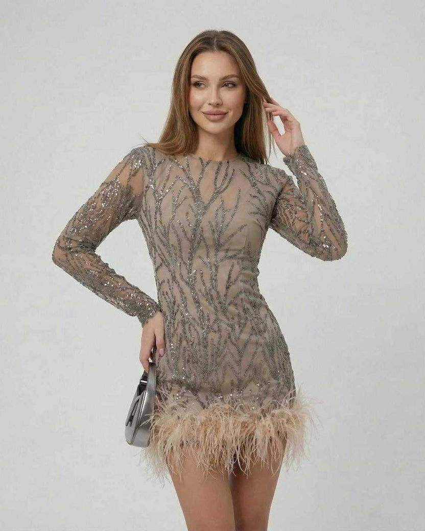 Lauven Celeste Mini Dress featuring sequin embellishments and feather trim in taupe color.