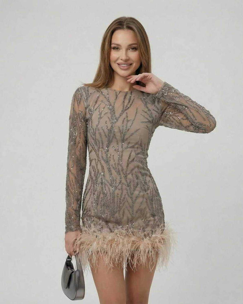 Celeste Mini Dress by Lauven, featuring sequin embellishments and feather trim in taupe color.