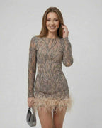 Lauven Celeste Mini Dress with sequin embellishments and feather trim in taupe, showcasing luxury fashion.