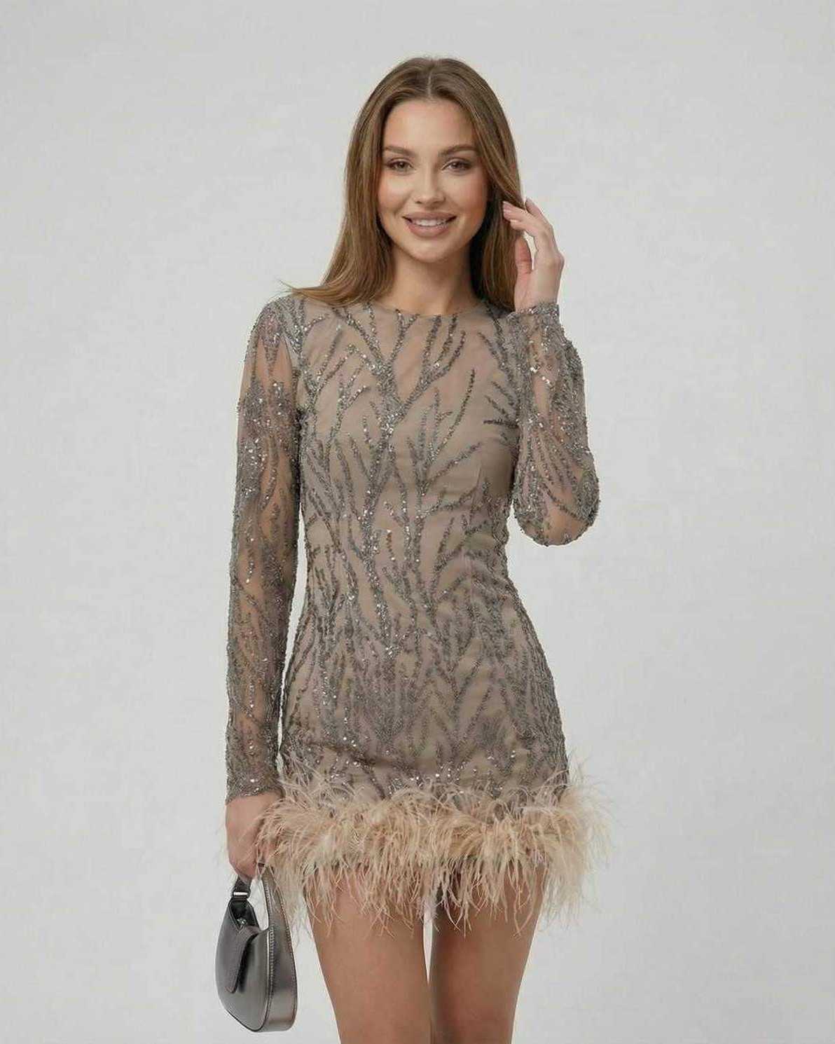 Lauven Celeste Mini Dress with sequin embellishments and feather trim in taupe, showcasing luxury fashion.