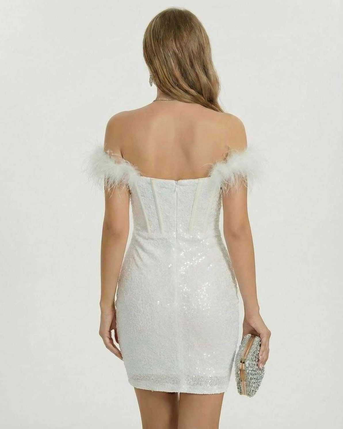 Back view of Lauven Celeste Mini Dress featuring off-shoulder design and feathered trim in white.