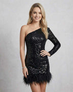 Celeste Mini Dress by Lauven showcasing a model in a sequined one-shoulder black dress with feather details.