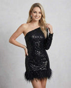 Celeste Mini Dress by Lauven - Black sequined one-shoulder dress with feathers, perfect for glamorous evening events.