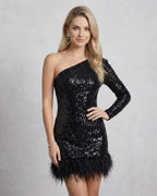 Celeste Mini Dress by Lauven: Black sequined one-shoulder dress with feather details, perfect for evening events.