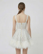 Celeste Mini Dress by Lauven - Back view of silver sequin A-line mini dress with faux fur hem