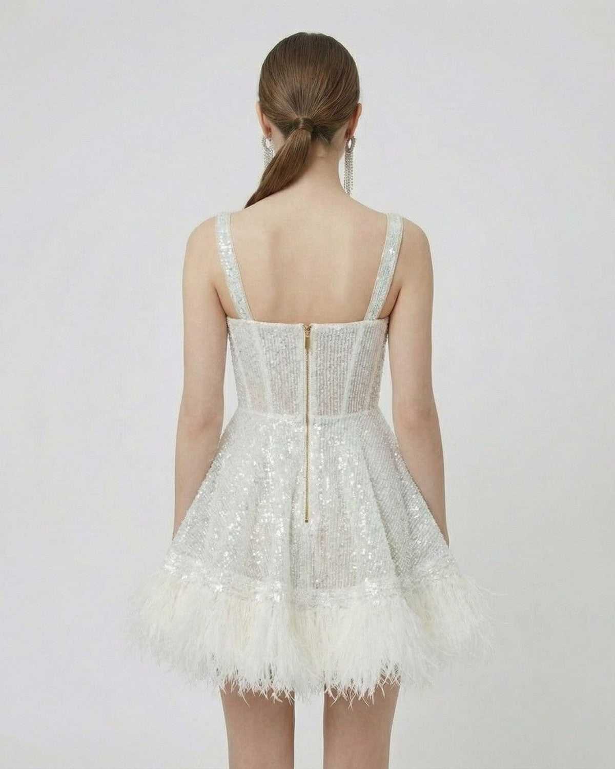 Celeste Mini Dress by Lauven - Back view of silver sequin A-line mini dress with faux fur hem