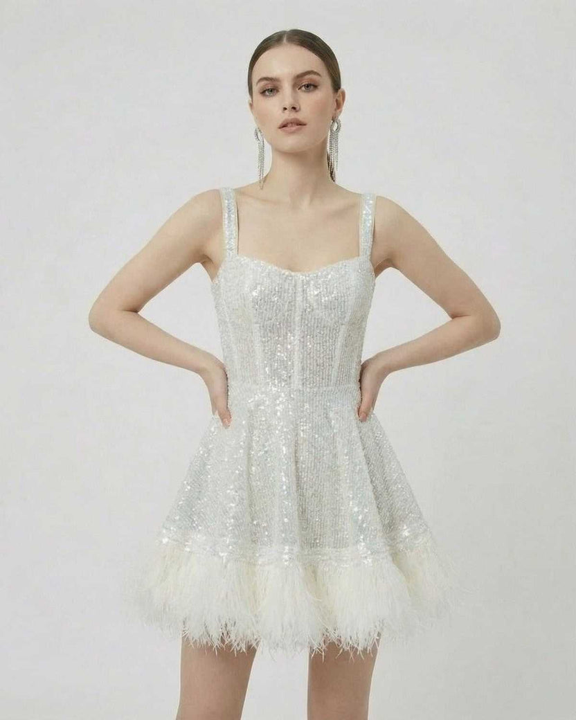 Celeste Mini Dress by Lauven - Silver Sequin A-Line Mini Dress with Faux Fur Hem, perfect for elegant occasions.