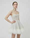Celeste Mini Dress by Lauven featuring silver sequins and faux fur hem, highlighting an A-line silhouette.