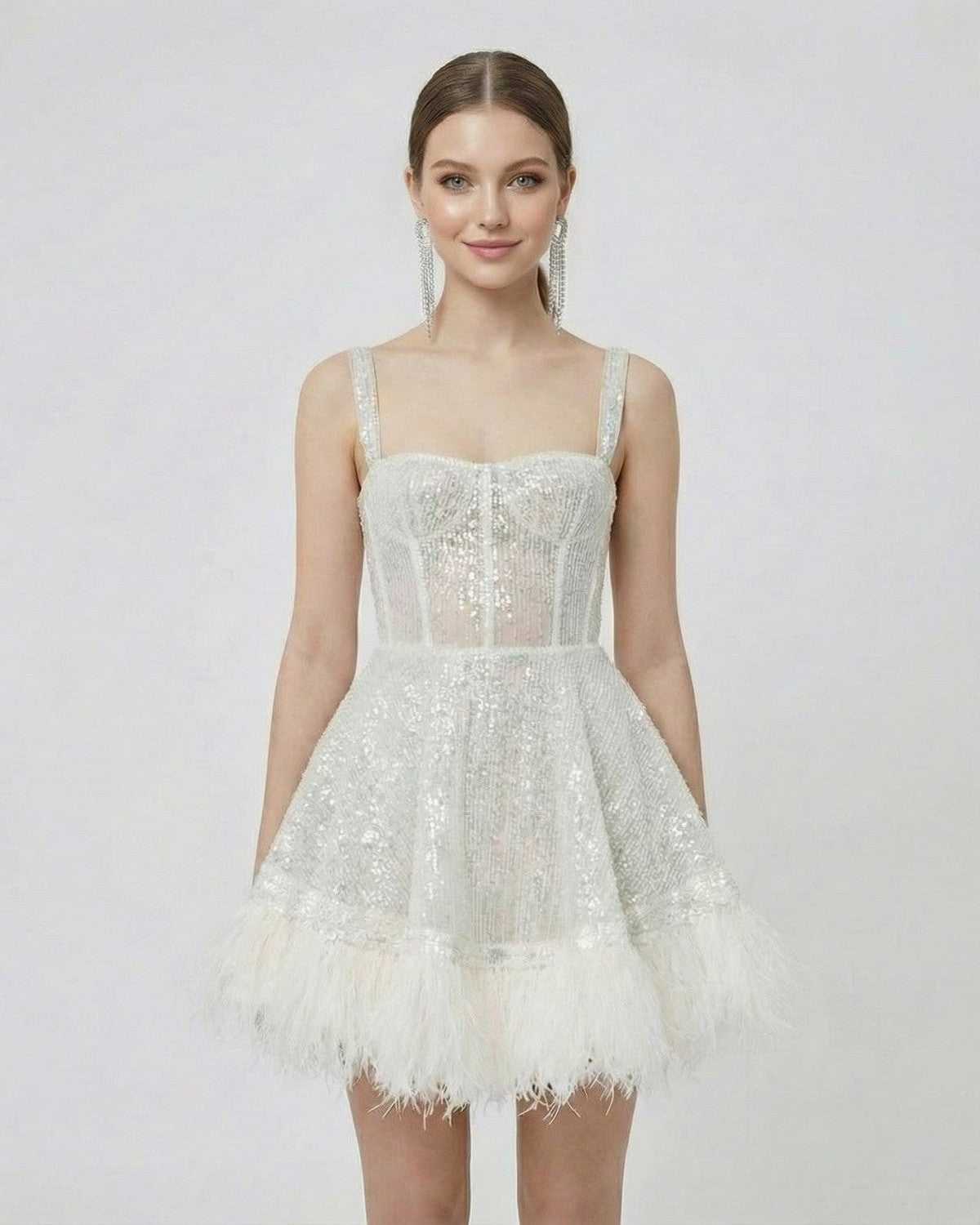 Celeste Mini Dress by Lauven - Silver Sequin A-Line Mini Dress with Faux Fur Hem, stylish and modern.