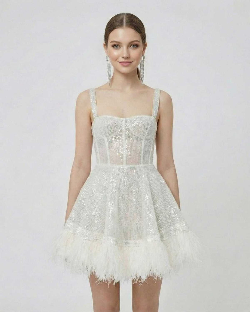 Celeste Mini Dress by Lauven - Silver Sequin A-Line Mini Dress with Faux Fur Hem, stylish and modern.