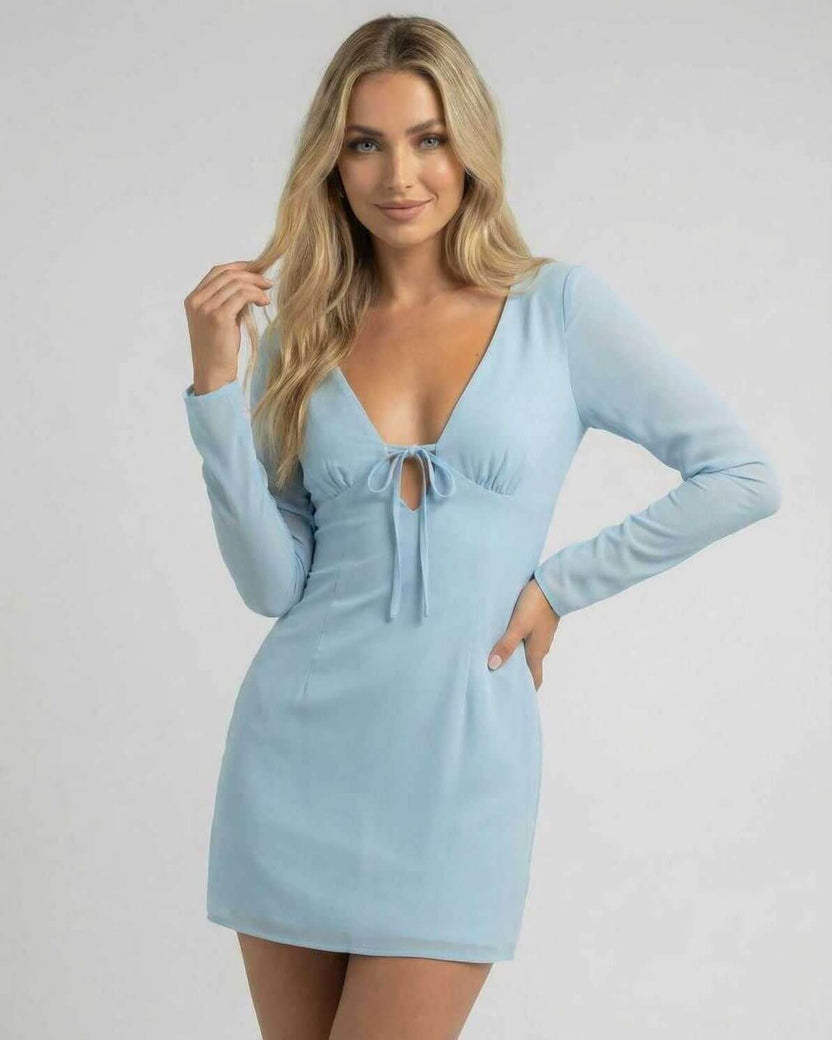 Celeste Mini Dress by Lauven in soft blue featuring a v-neckline and sleek silhouette with long sheer sleeves.