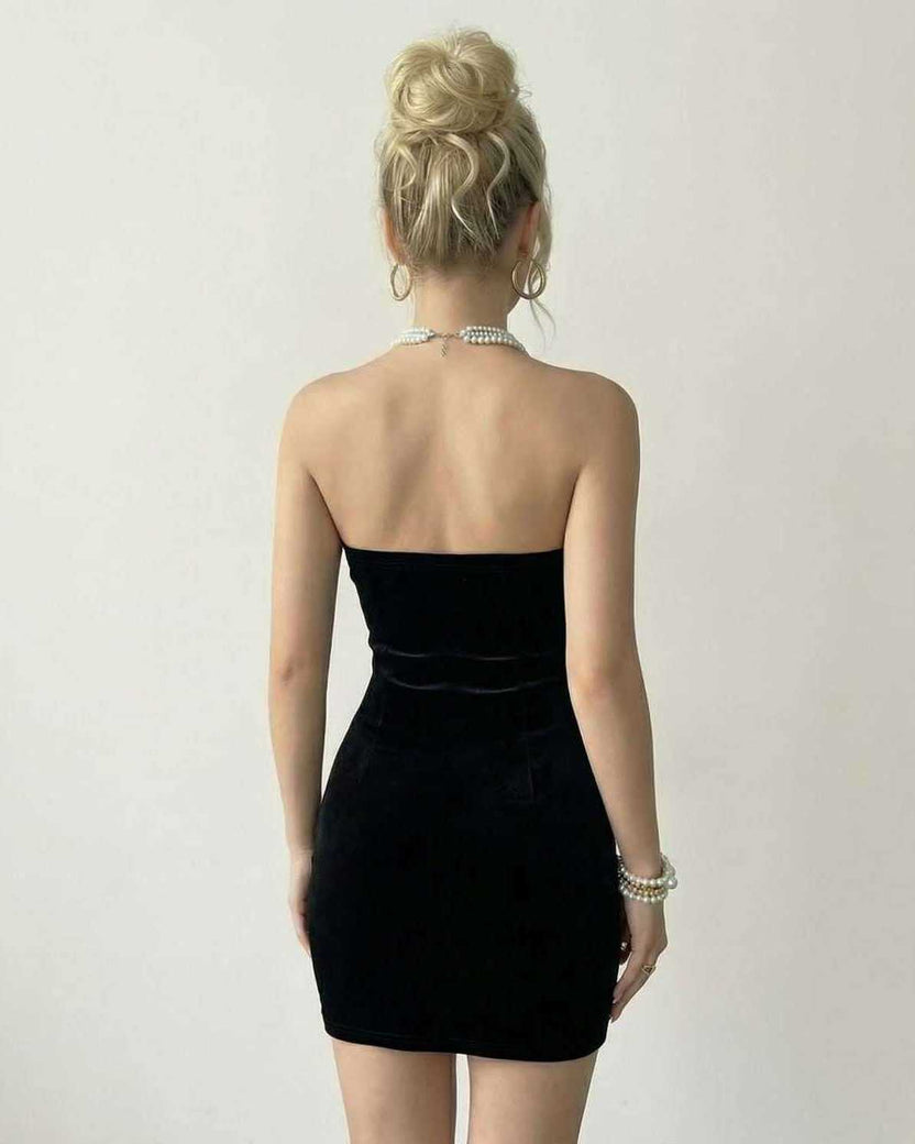 Celeste Mini Dress by Lauven, strapless black velvet design showcasing pearl accents on a flattering back view.