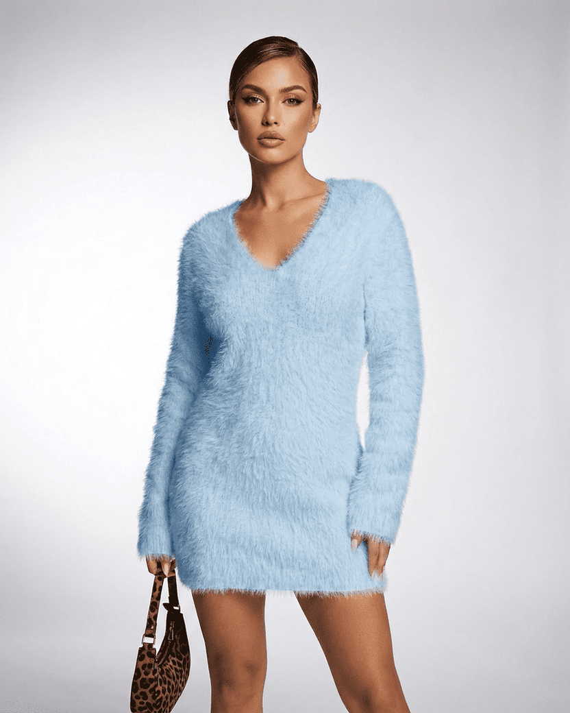 Celeste Sweater in light blue fuzzy plush knit by Lauven, featuring a V-neck and loose fit, perfect for fall and winter.