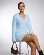 Celeste Sweater by Lauven in soft blue, featuring a V-neck and a cozy plush knit, perfect for stylish fall looks.