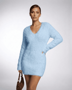 Celeste Sweater by Lauven, V-neck fuzzy plush knit sweater in light blue, perfect for fall and winter styling.