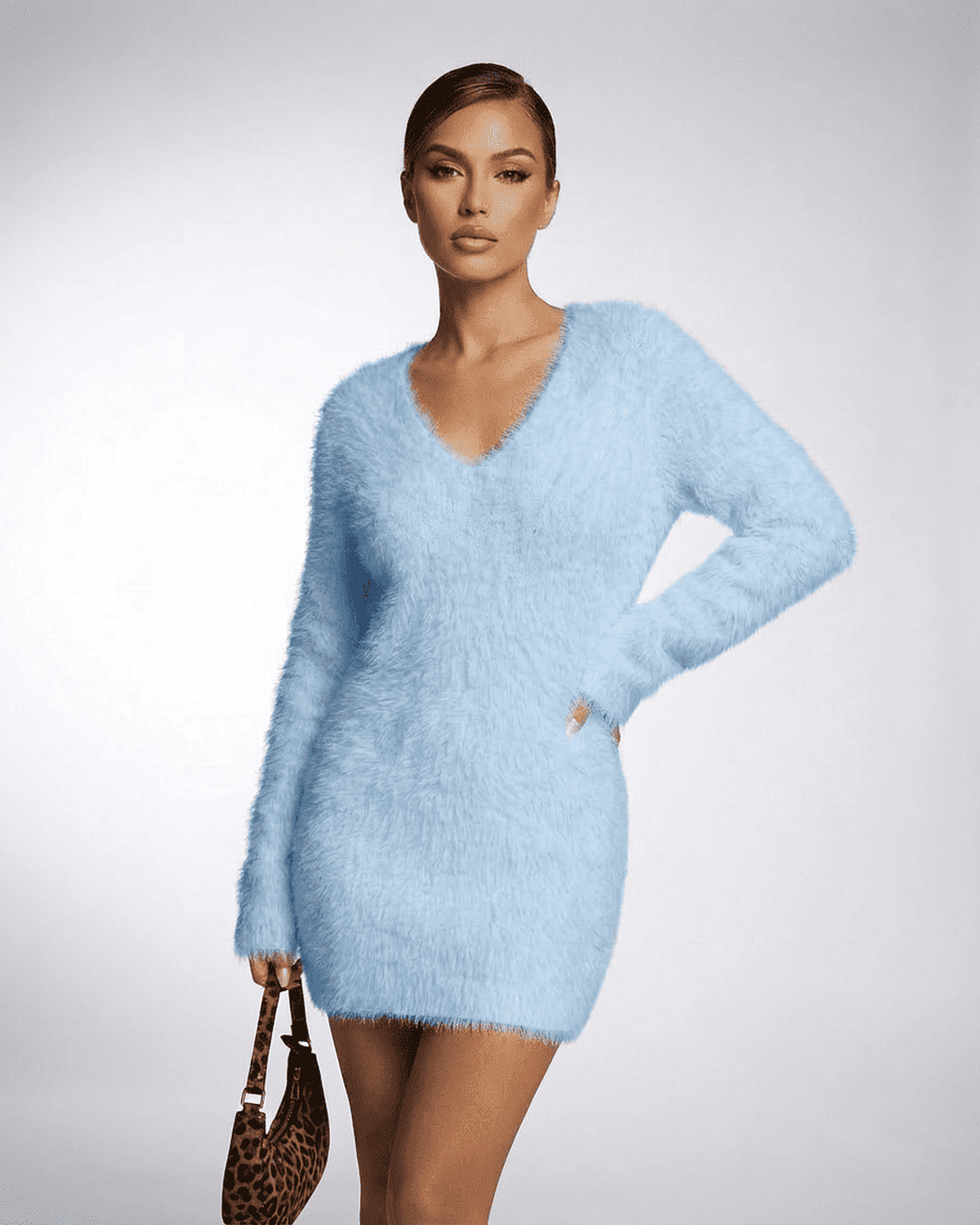 Celeste Sweater by Lauven, V-neck fuzzy plush knit sweater in light blue, perfect for fall and winter styling.