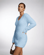 Celeste Sweater by Lauven, V-Neck Fuzzy Plush Knit in light blue, showcasing a modern elegant look for women.