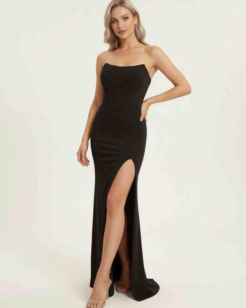 Celestia Maxi Dress by Lauven - Elegant black dress with corset bodice and high slit for formal occasions.