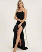 Celestia Maxi Dress by Lauven, elegant black dress with corset bodice and high slit for formal occasions.