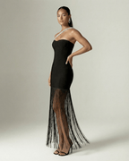 Celestia Maxi Dress by Lauven, black one-shoulder sheath with fringe detail and crystal accents.
