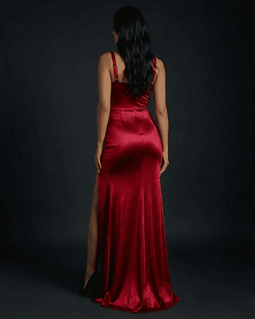 Celestia Maxi Dress by Lauven - Luxurious red satin bodycon dress with a thigh-high slit and elegant mermaid silhouette.
