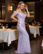 Celestia Maxi Dress by Lauven, off-shoulder sequin evening maxi dress in purple with feather accents.