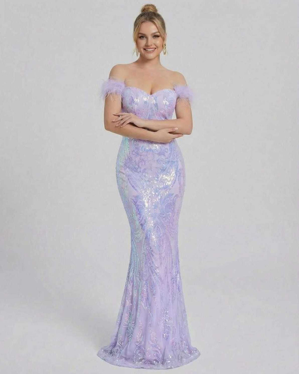 Celestia Maxi Dress by Lauven - Off-Shoulder Sequin Evening Maxi Dress in Lavender with a Floor-Length Silhouette.