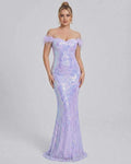 Celestia Maxi Dress by Lauven - Off-Shoulder Sequin Evening Maxi Dress in shimmering purple with elegant silhouette.