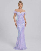 Celestia Maxi Dress by Lauven - Off-Shoulder Sequin Evening Maxi Dress in shimmering purple with elegant silhouette.