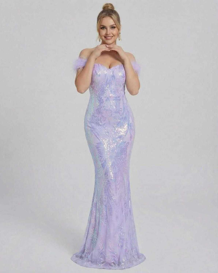 Celestia Maxi Dress by Lauven - Off-Shoulder Sequin Evening Maxi Dress in purple with a sleek silhouette.