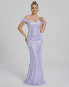 Celestia Maxi Dress by Lauven, elegant off-shoulder sequin evening gown in lavender, showcasing a sleek silhouette.