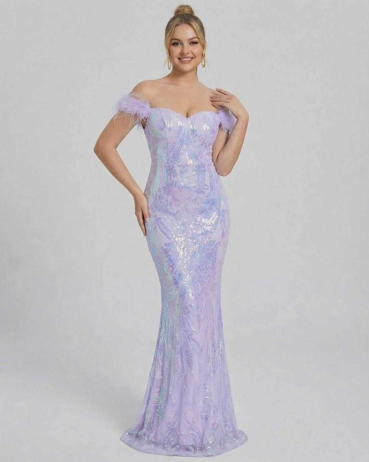 Celestia Maxi Dress by Lauven, elegant off-shoulder sequin evening gown in lavender, showcasing a sleek silhouette.